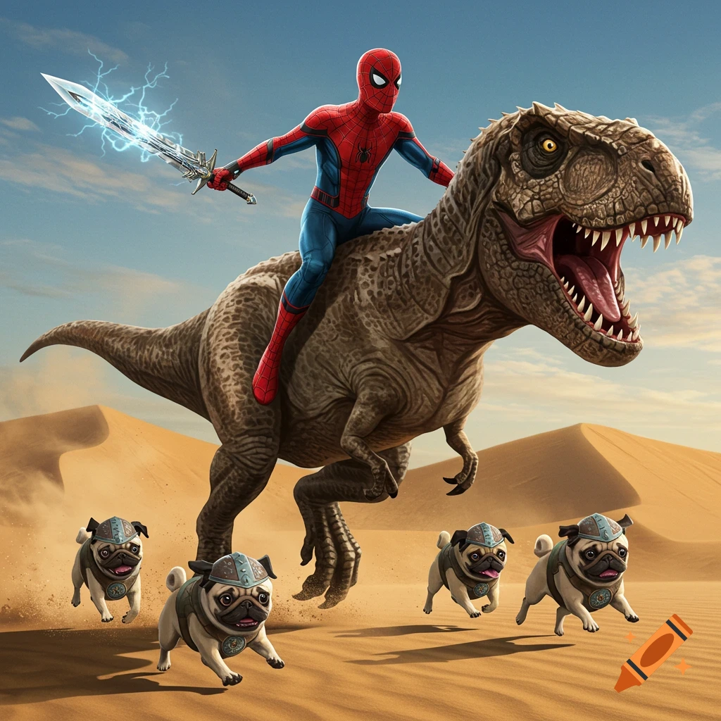 Spider-Man rides a T-Rex through a sandy desert, holding a glowing sword, with helmeted pugs chasing behind him. Stylized digital art.