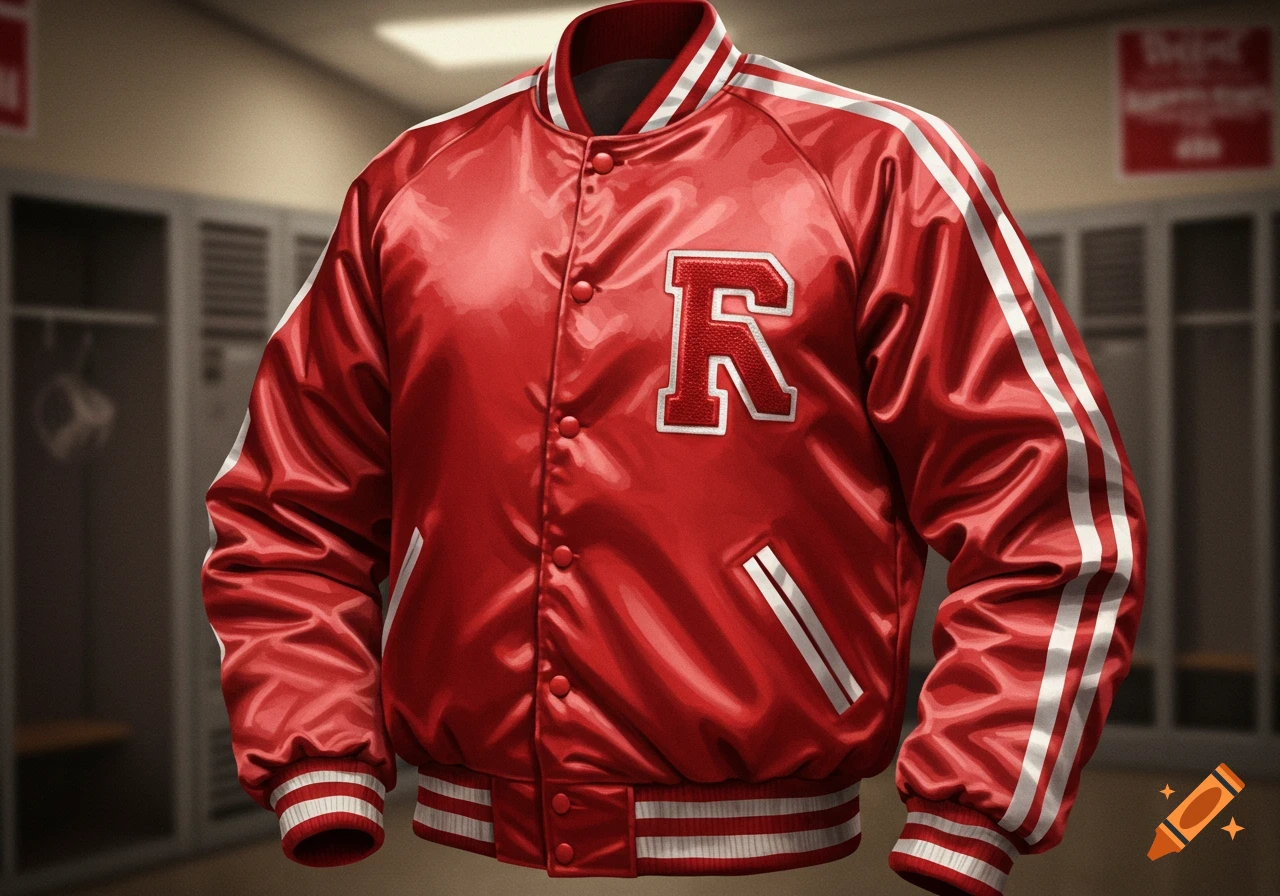 A shiny red satin letterman jacket with white stripes and a white 'R' on the chest, hanging in a locker room.