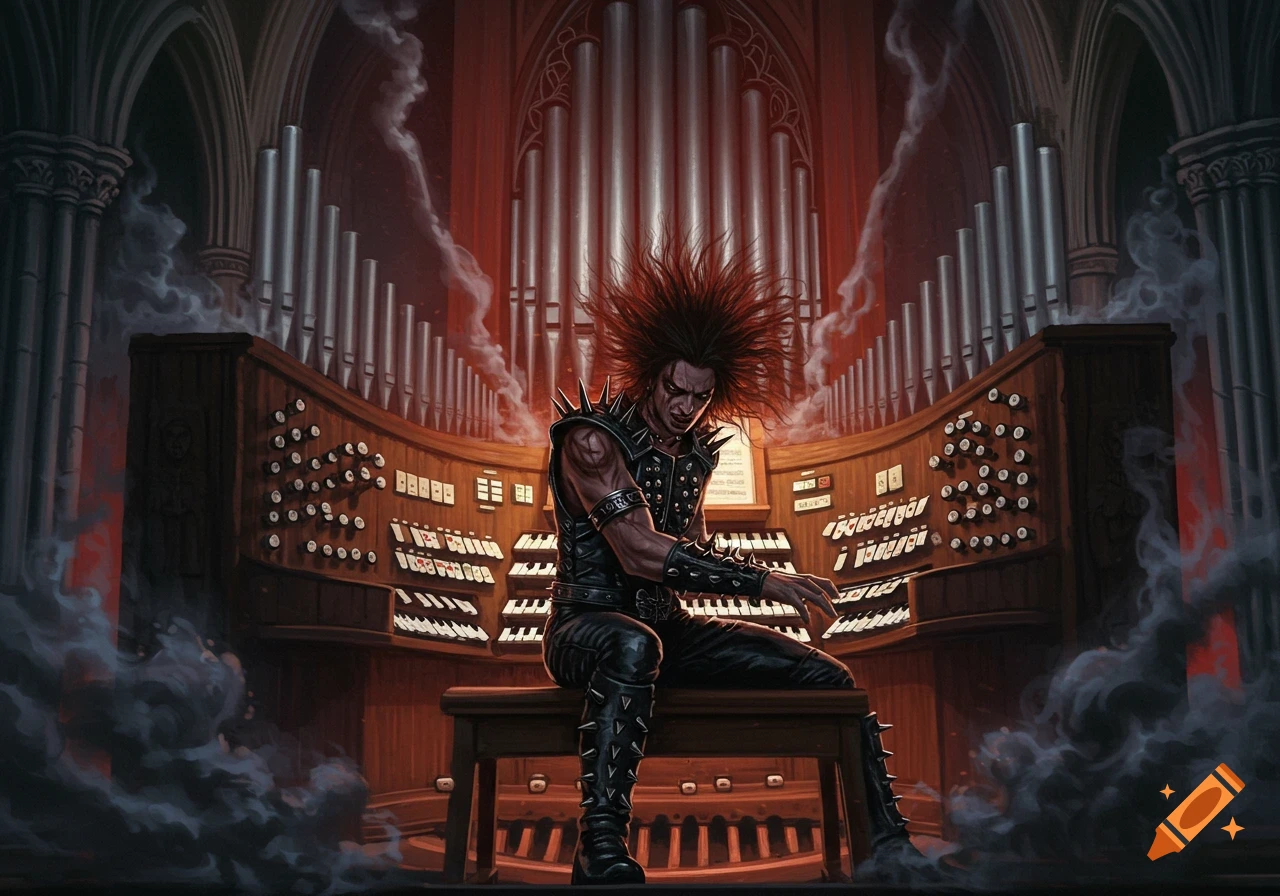 A heavy metal musician with spiky hair and leather clothing plays a large pipe organ in a dark, gothic cathedral with smoke rising.