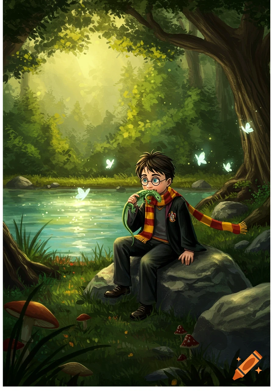 A cartoon illustration of Harry Potter sitting on a rock by a river in a sun-dappled forest, holding a green lizard in his mouth. Glowing butterflies float around him.