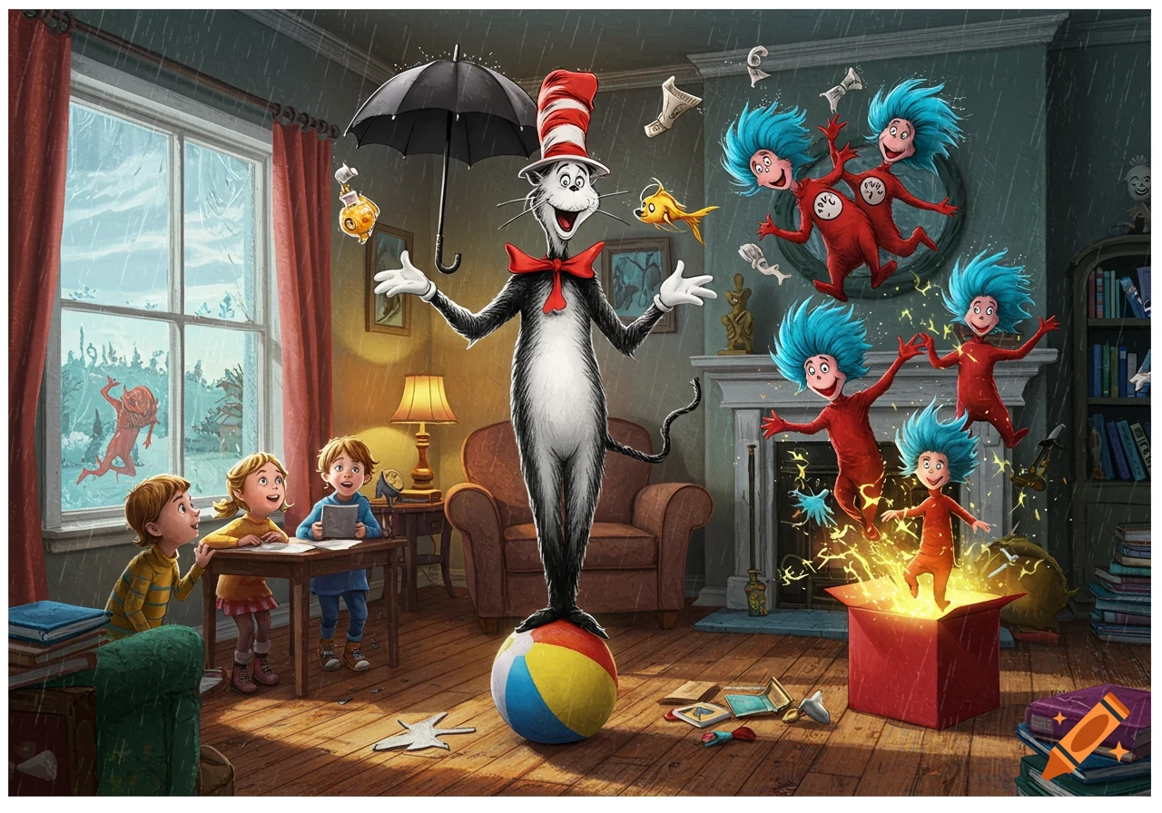 The Cat in the Hat balances on a beach ball in a living room, while Thing-like creatures emerge from a box and children watch on a rainy day, in a whimsical cartoon style.