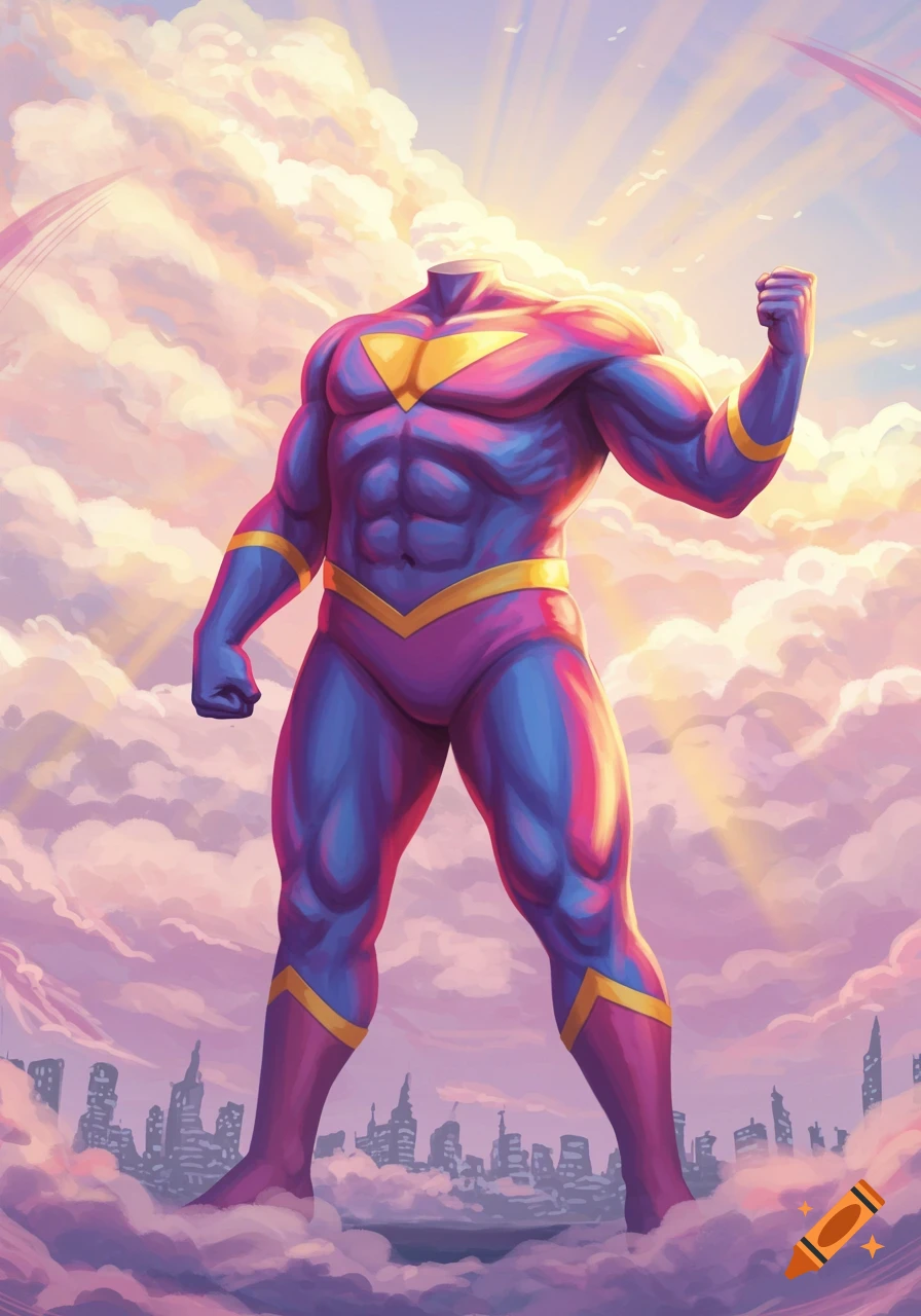 A muscular, headless superhero in a blue and purple suit with yellow accents, stands heroically amidst dramatic pink and purple clouds.