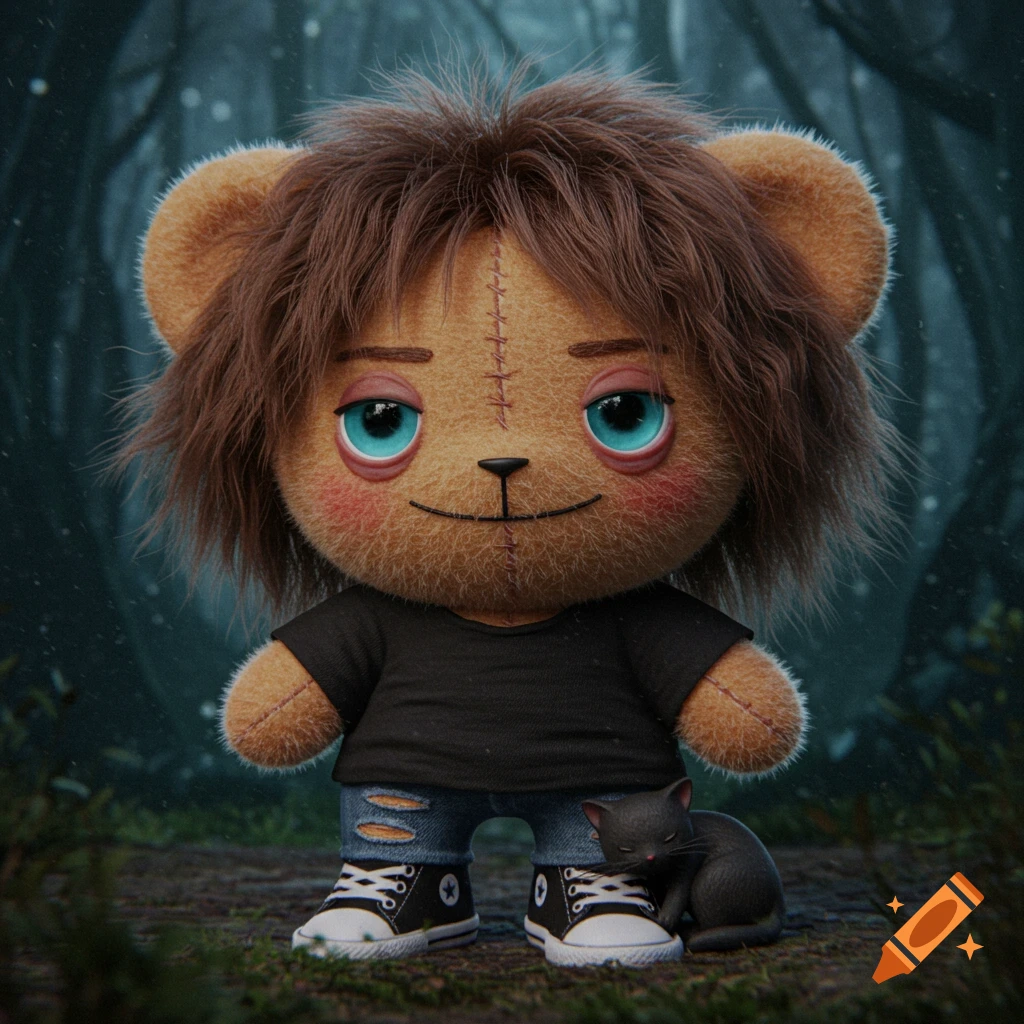 A teddy bear-like plushie with brown hair, blue eyes, black shirt, and distressed jeans stands in a dark forest with a black cat curled at its foot.