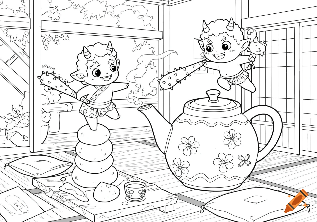 Two cute chibi Japanese Oni play with a large teapot in a traditional Japanese room, black and white line art for a coloring book.