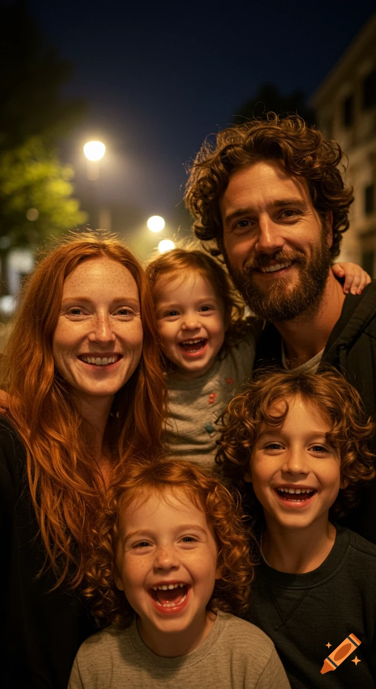 A happy family of five with red and curly hair smiling in a close-up night selfie under streetlights.