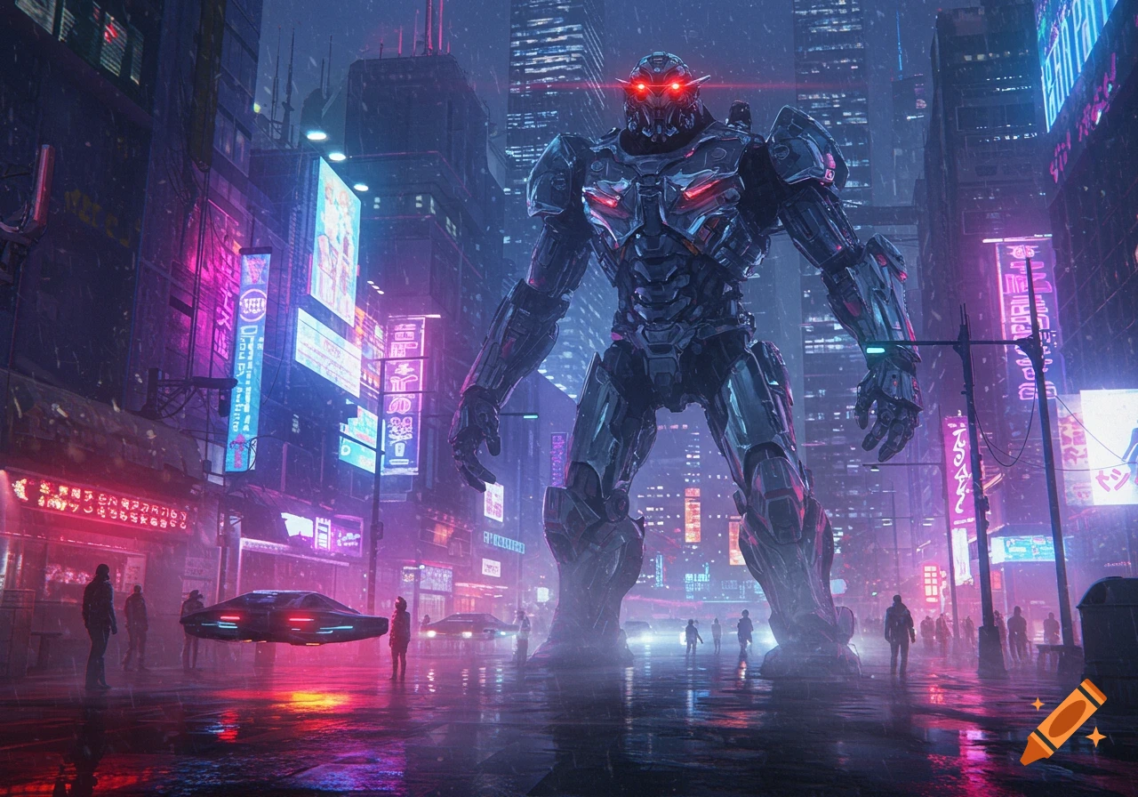 Giant armored robot with glowing red eyes in a rainy cyberpunk city street with neon signs and flying cars.