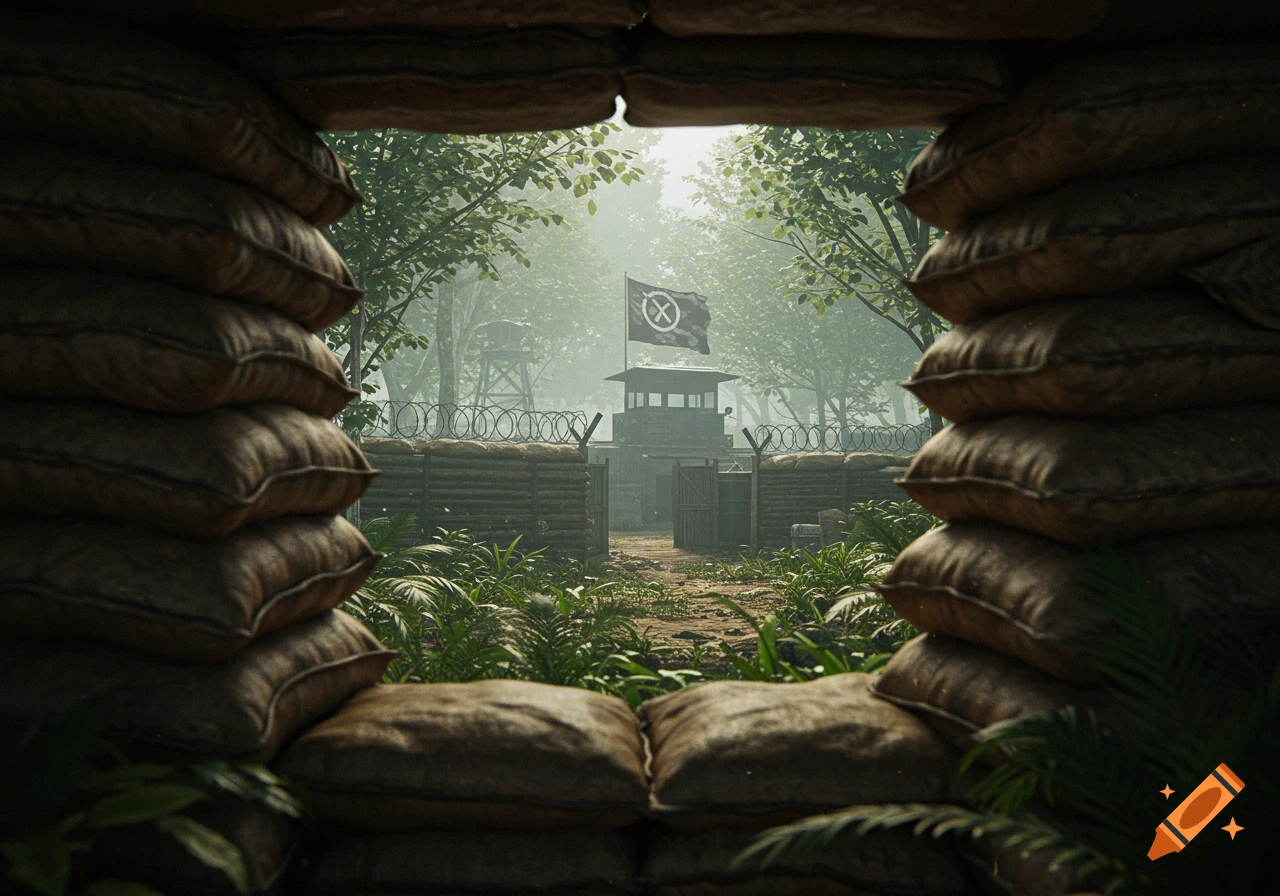 Photorealistic view from a sandbag bunker towards a fortified jungle military base with watchtowers and a flag.