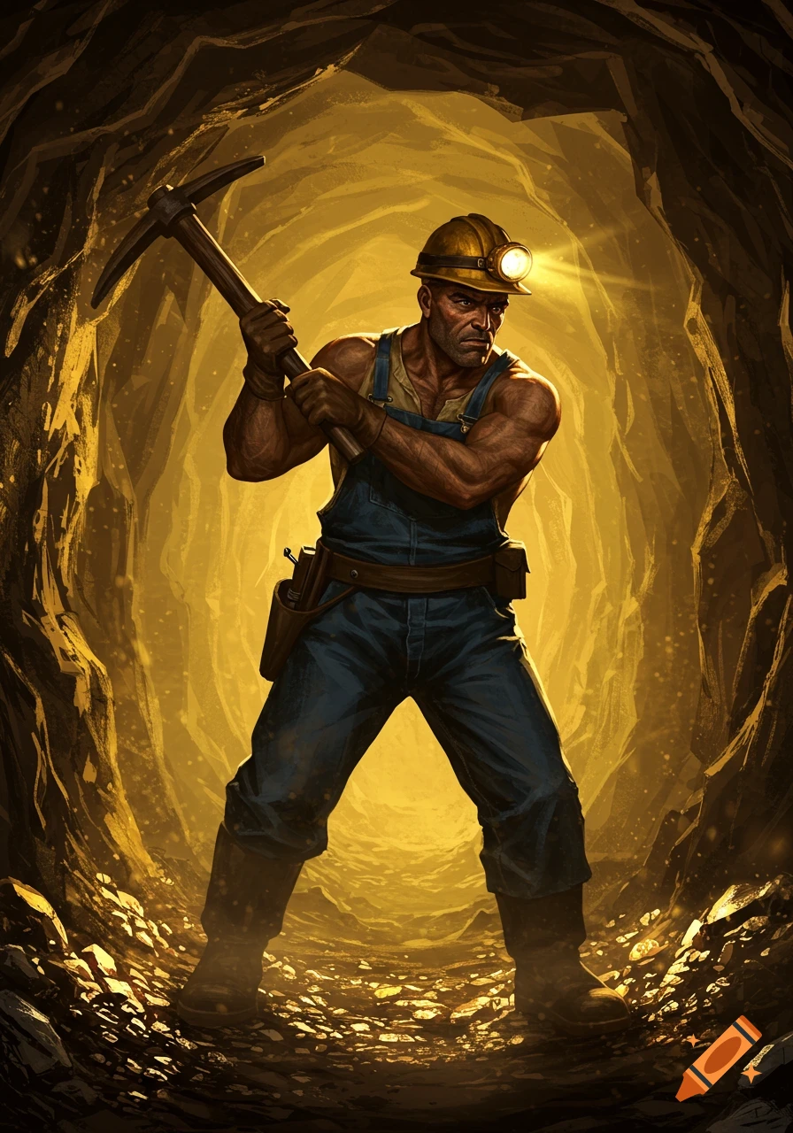 A strong male miner in overalls and a hard hat with a headlamp, holding a pickaxe in a dark, glowing golden mine tunnel.