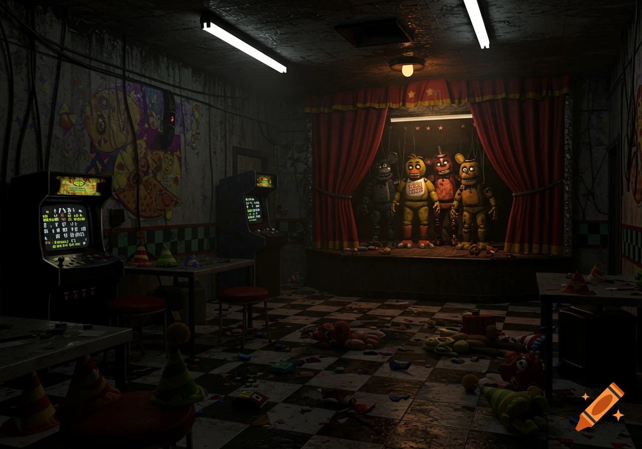 A dark, dilapidated arcade and pizzeria featuring animatronic characters on a stage and debris scattered on a checkered floor.