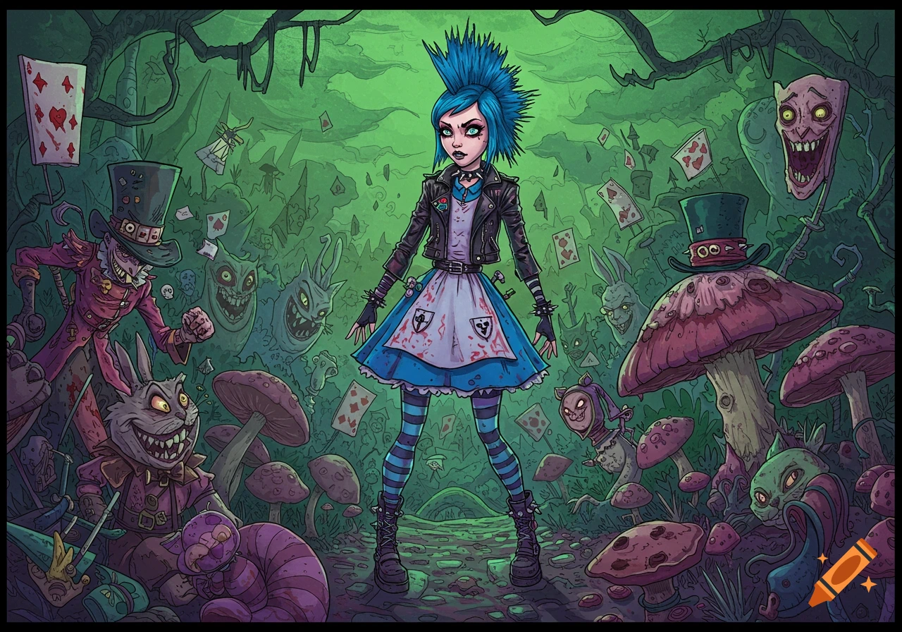 Punk Alice in Wonderland in a dark forest with grotesque characters like Mad Hatter, White Rabbit, and floating playing cards, comic style.