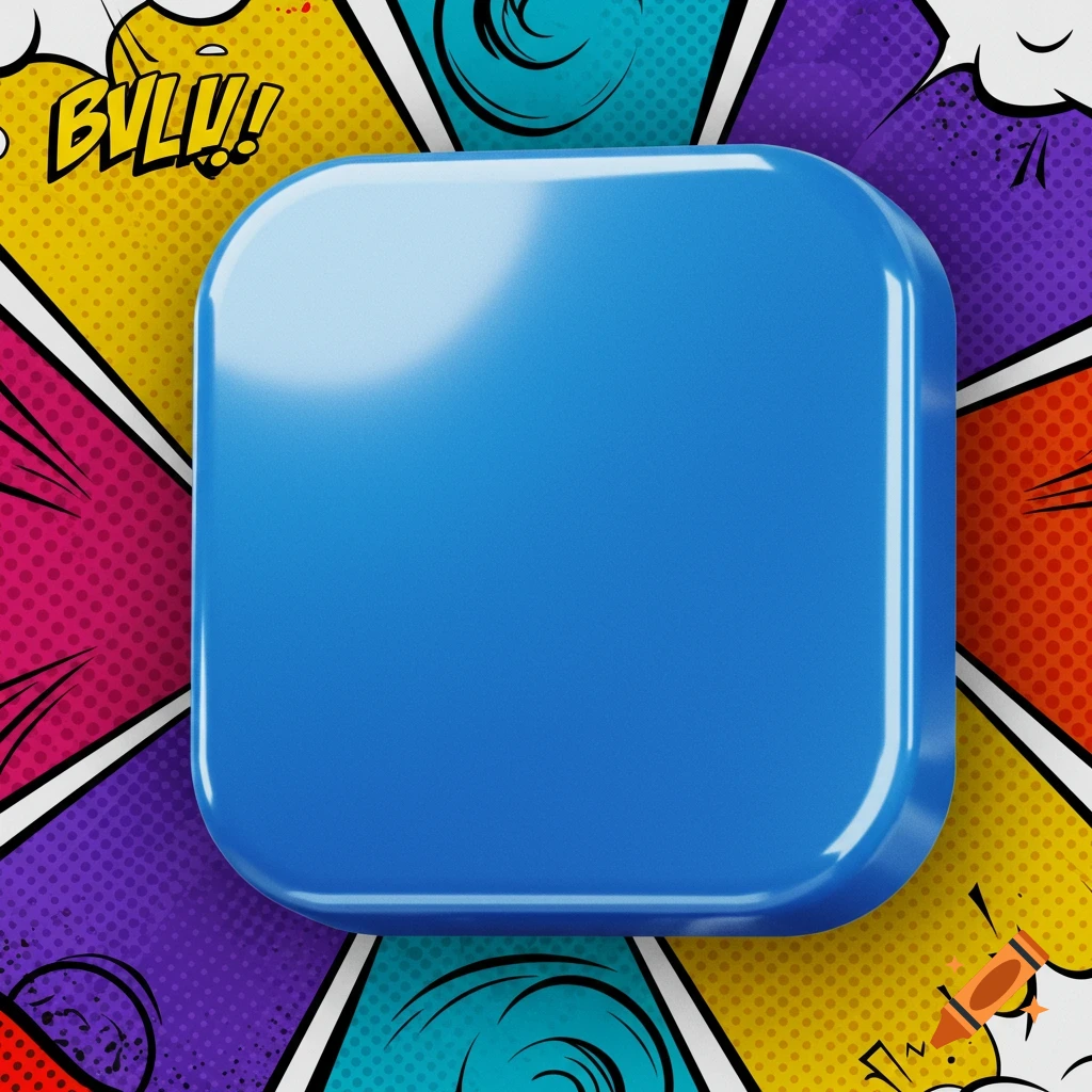 A shiny blue square with rounded corners, centered against a vibrant comic book-style background with colorful panels and speech bubbles.
