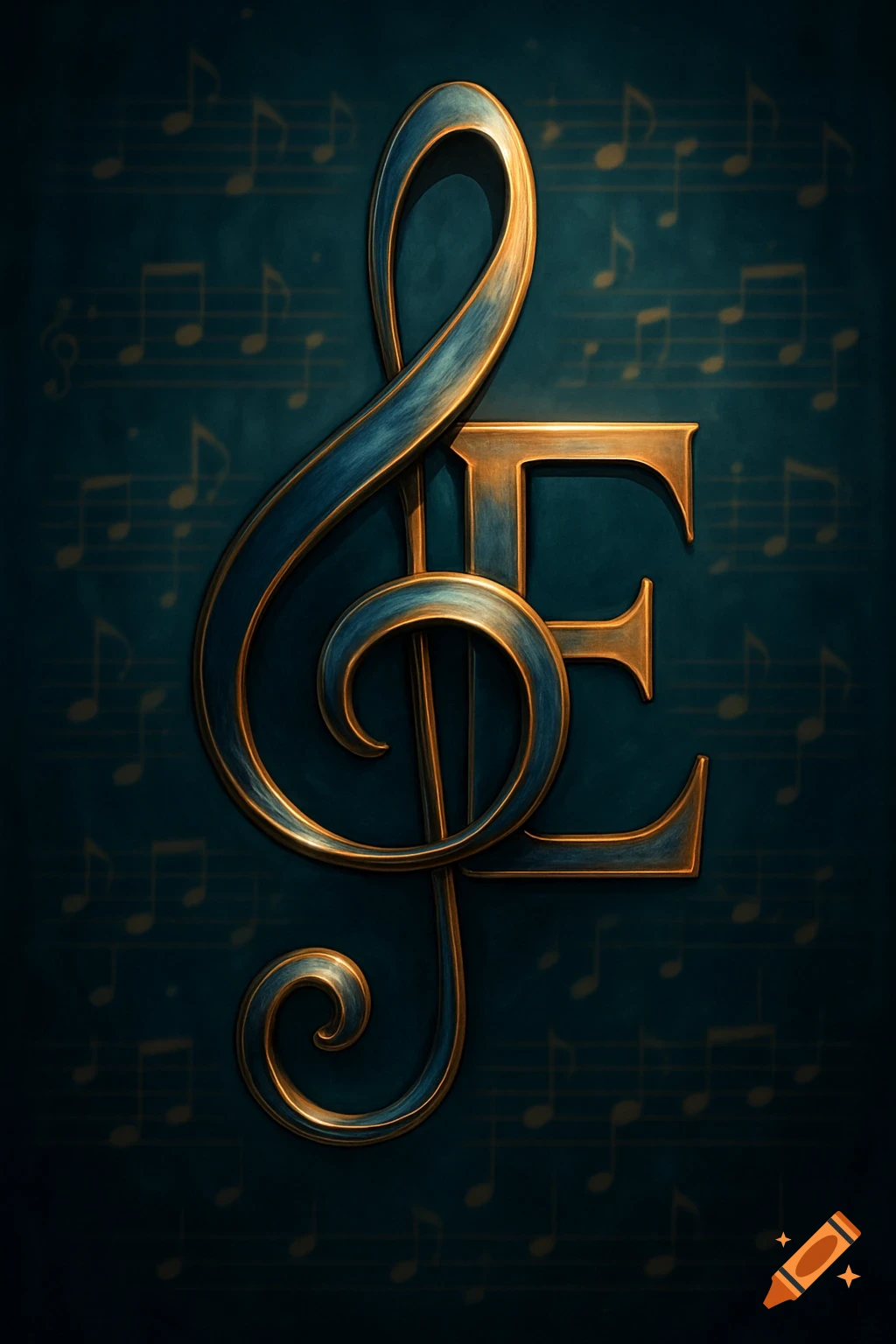 A stylized gold and blue treble clef interlocked with a capital E, set against a dark background with faint musical notes.