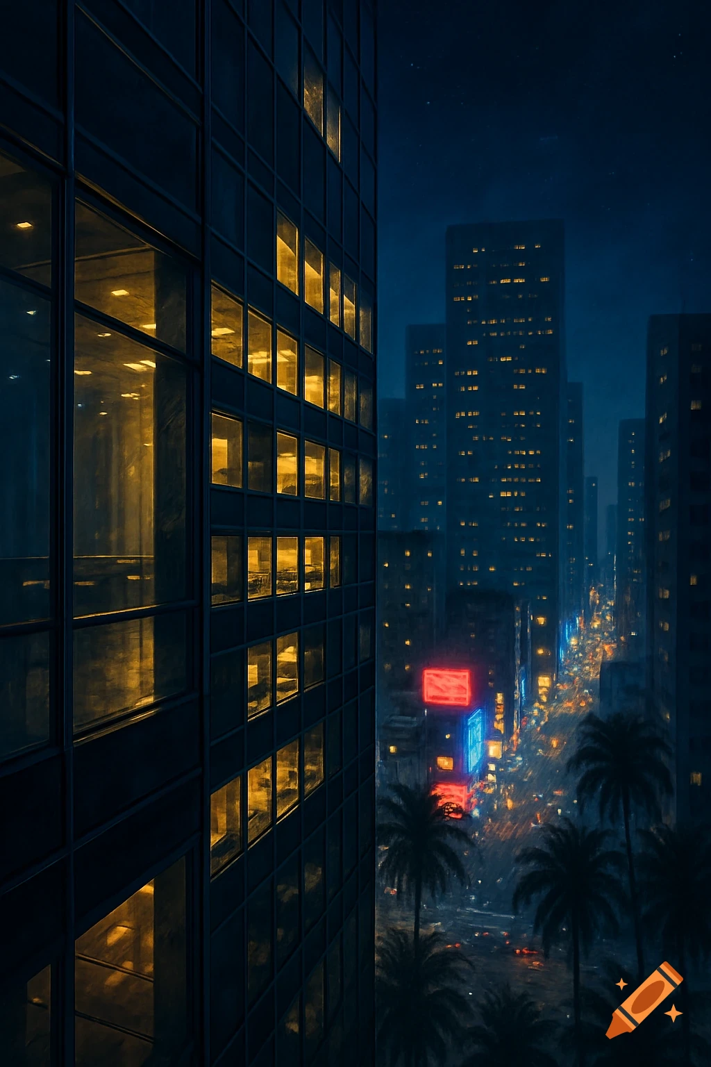A night cityscape features a tall building with many illuminated windows on the left, overlooking a busy street with neon signs and palm trees.