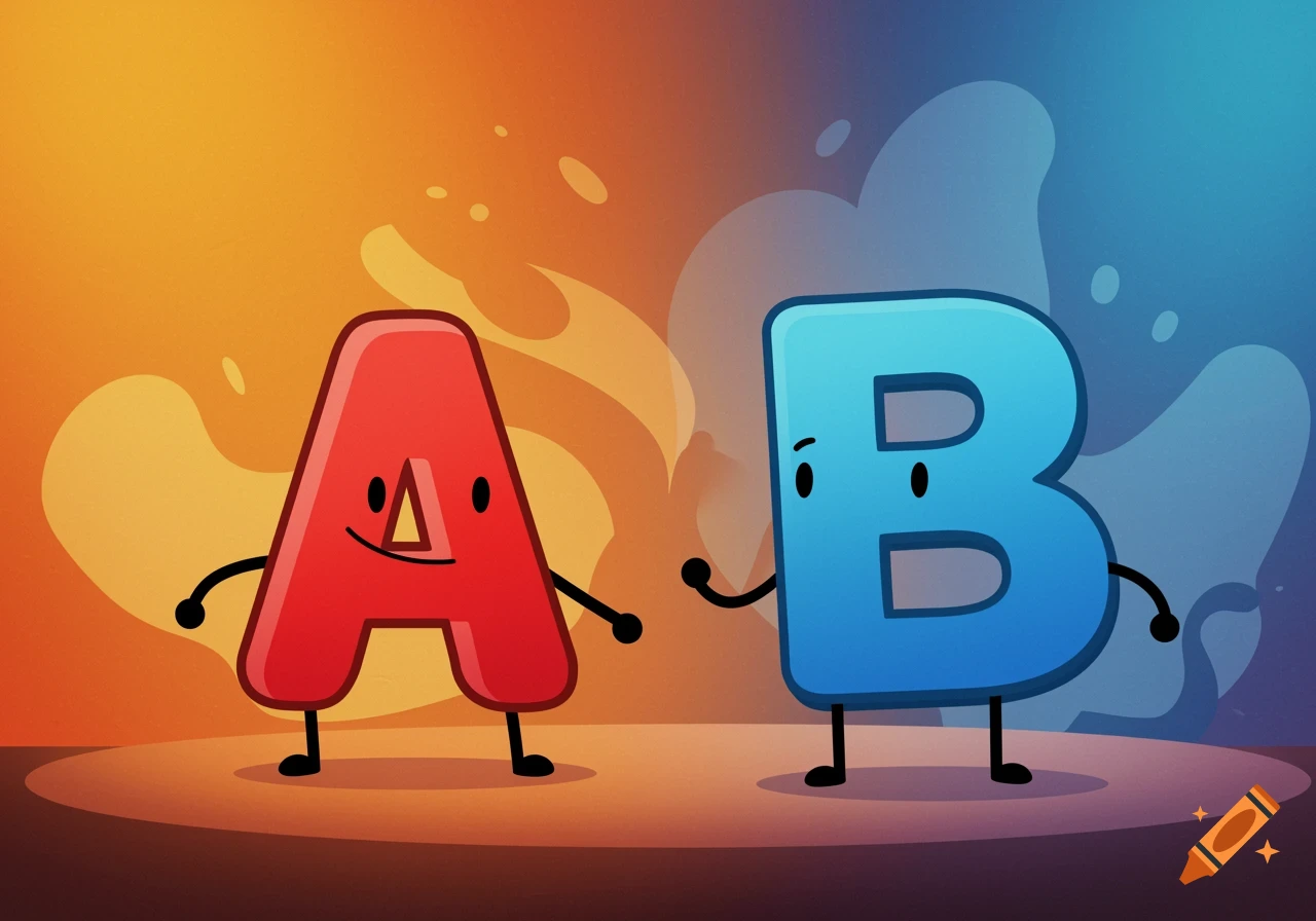 Cartoon illustration of a red letter A and a blue letter B with limbs, standing on a stage with an orange and blue background.