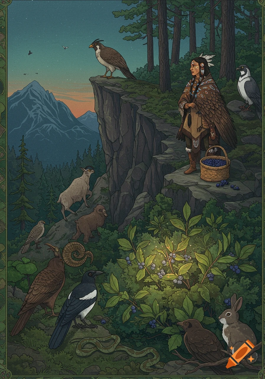 An illustrated mythic scene of an Indigenous woman with eagle features, holding a basket of berries, surrounded by diverse animals in a forest mountain landscape at twilight.