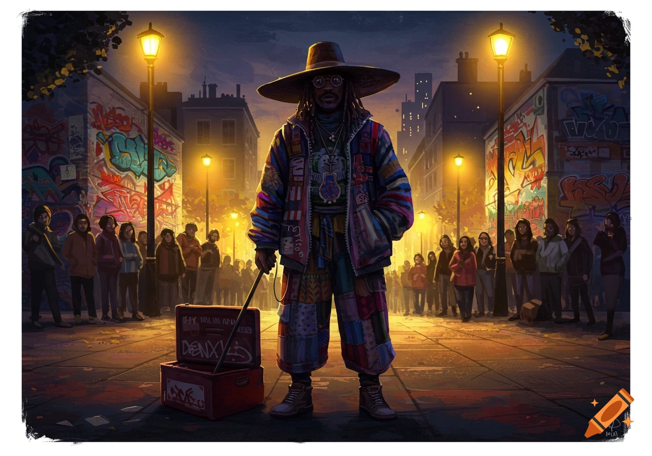 Stylized illustration of a man in a wide-brimmed hat and colorful patchwork outfit standing on a night city street with graffiti walls and a crowd.