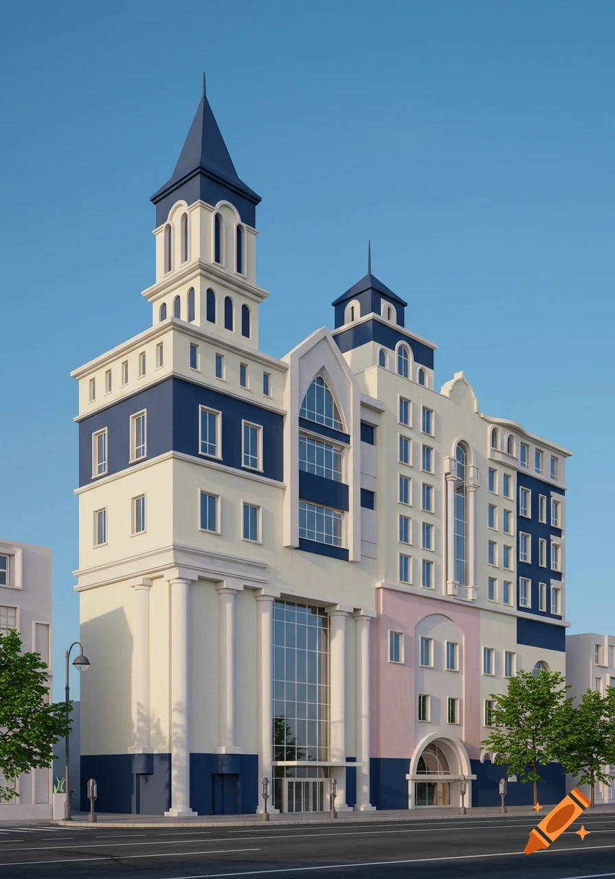 A postmodern building with cream, navy blue, and pink sections, featuring a tall tower, large windows, and classical columns, seen from a street level.