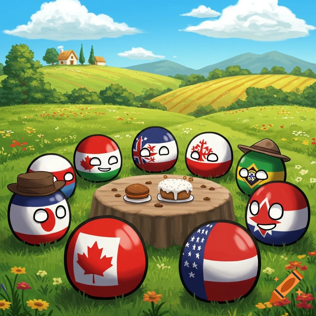 Cartoon countryballs with various flags having a picnic in a sunny green field with hills.