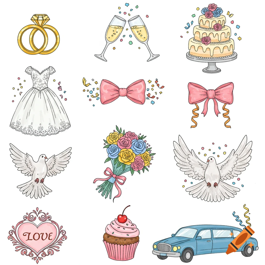 Colorful illustration of wedding icons: rings, champagne glasses, cake, dress, bow ties, doves, bouquet, heart with LOVE, cupcake, and limousine.