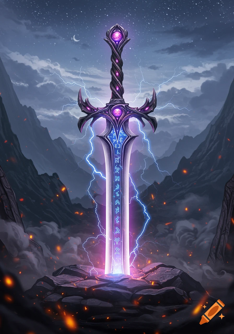 A glowing purple and blue fantasy sword stuck in rocky ground, with lightning and a stormy night sky over mountains.