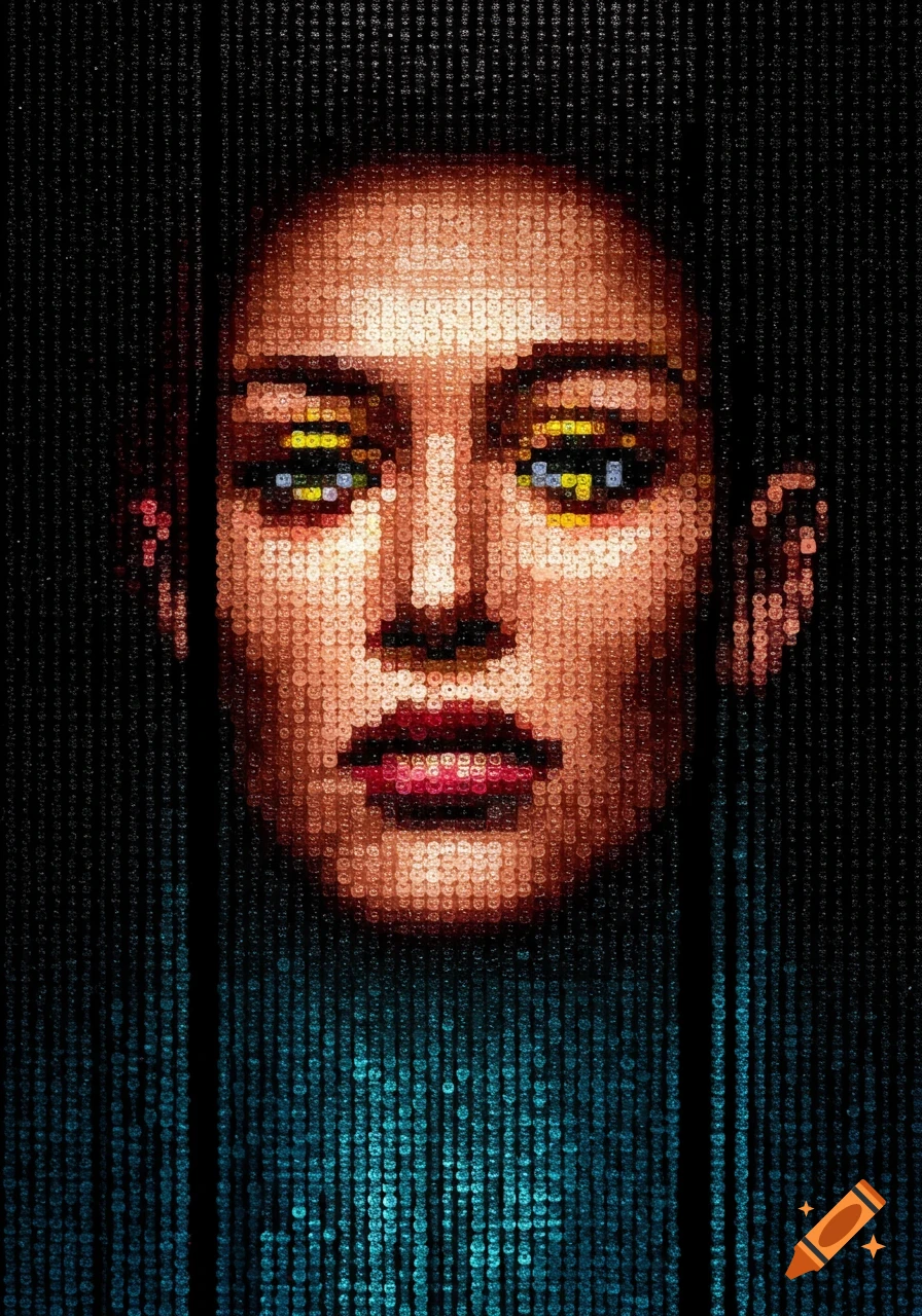 A pixelated portrait of a person's face, resembling a hanging bead curtain, with warm skin tones, yellow and blue eye highlights, and a dark background transitioning to blue.