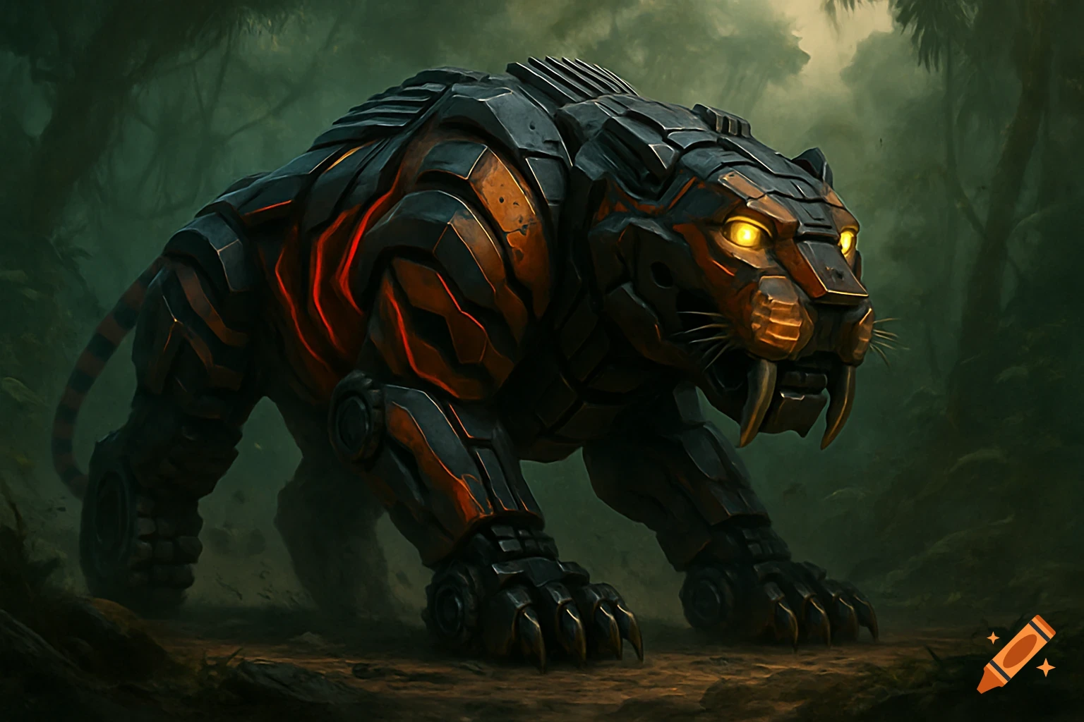 A dark biomechanical tiger with glowing orange and red patterns, and bright yellow eyes, stands in a dark, lush jungle.