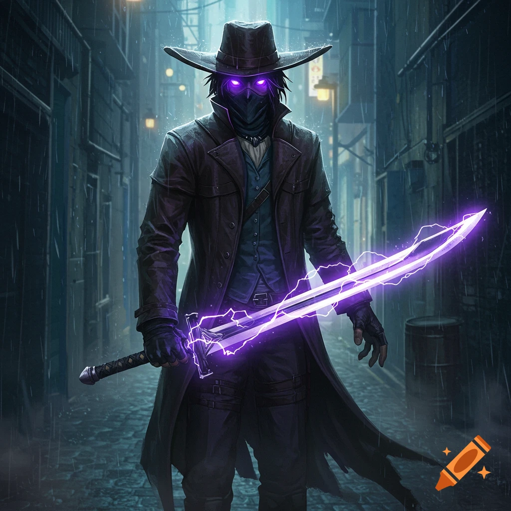 An anime guy in a black trench coat, wide-brimmed hat, and mask, with glowing purple eyes, holds a glowing purple lightning sword in a rainy alley.