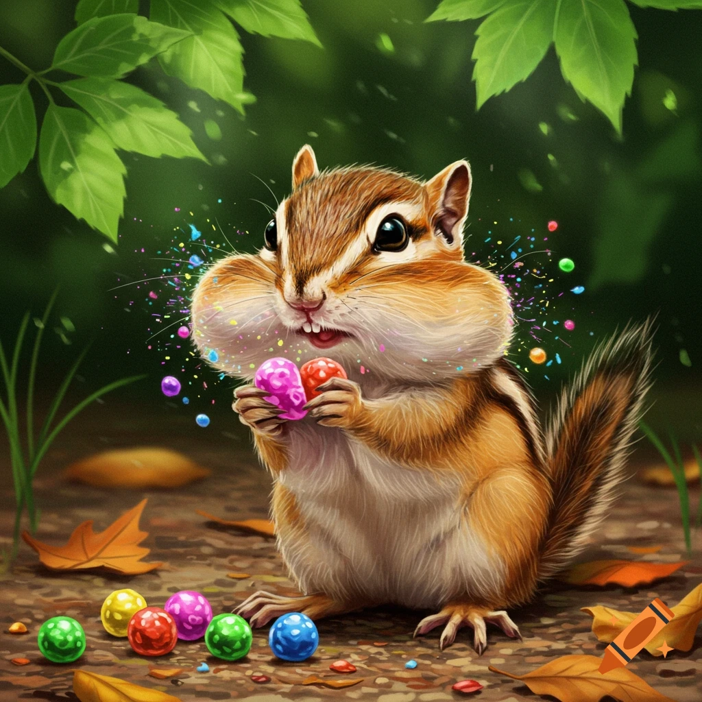 Cartoon illustration of a cute chipmunk holding two colorful candies with a burst of colors around its mouth, on a forest floor.