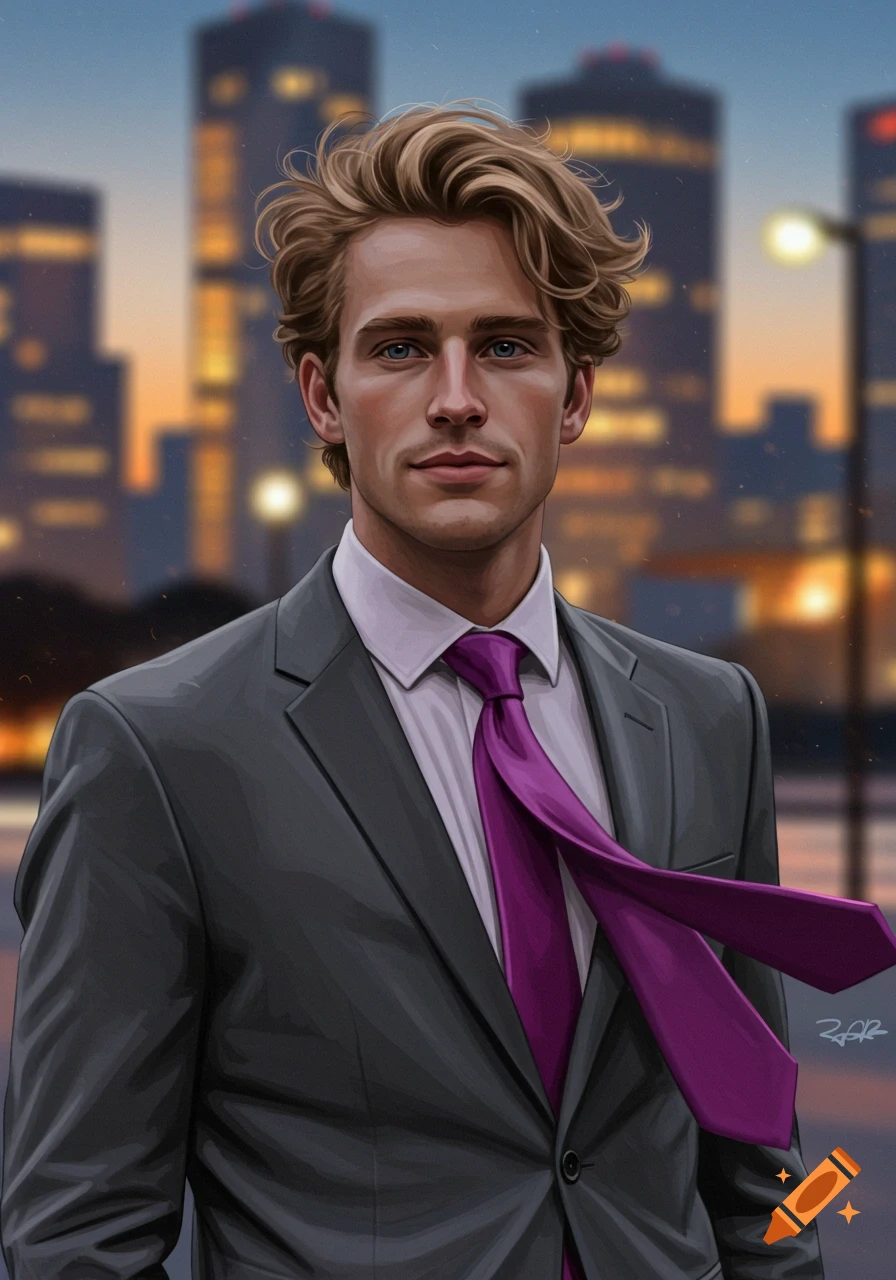 Digital illustration of a man with blonde hair in a gray suit and purple tie, with a city skyline at dusk.