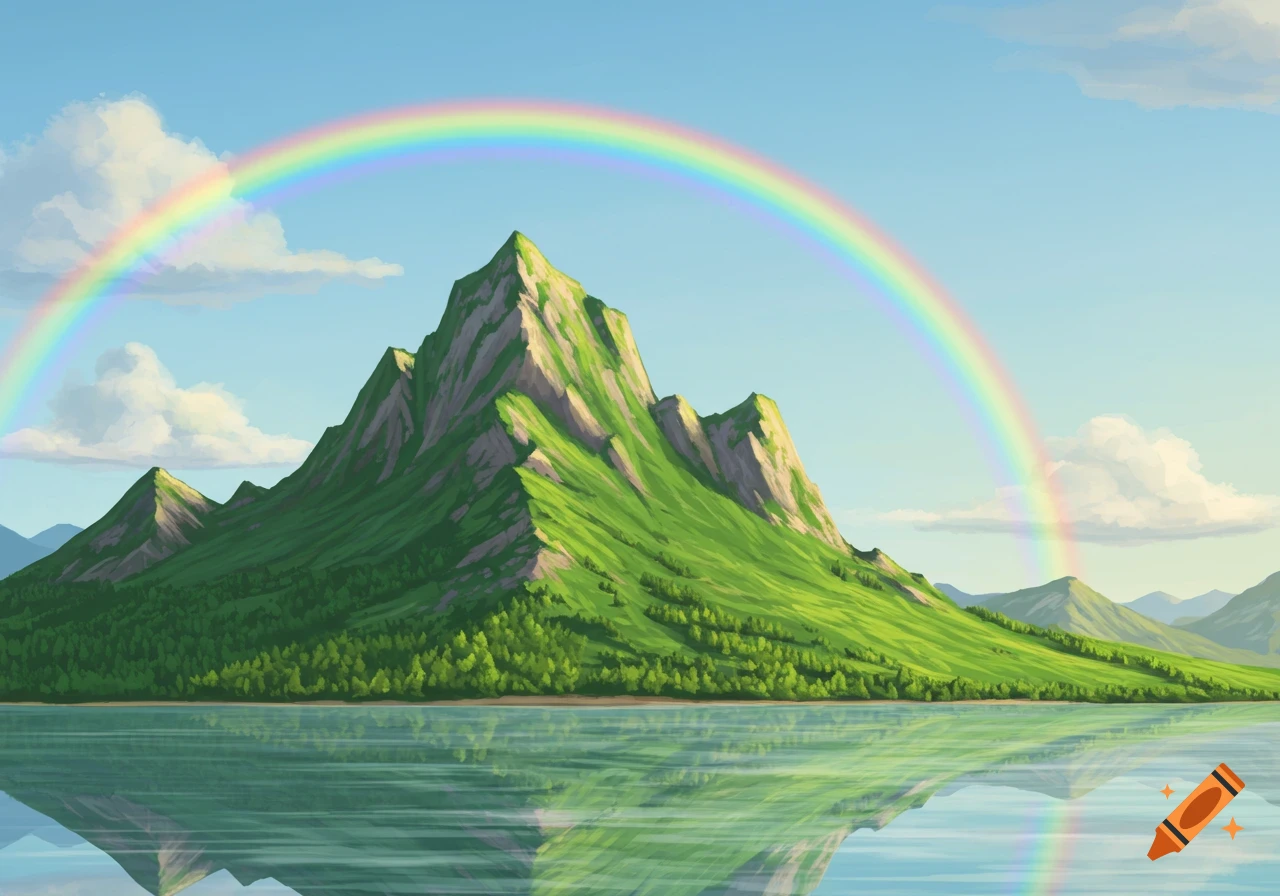 Vibrant illustration of a green mountain reflected in a calm lake under a colorful rainbow.