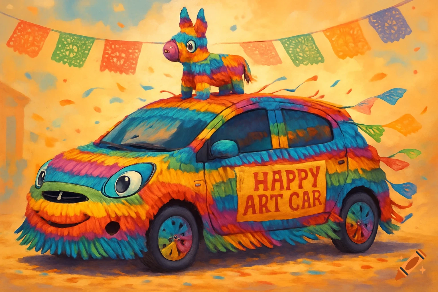 A colorful art car decorated with rainbow fringe like a piñata, with a small donkey piñata on the roof, papel picado banners, and 'HAPPY ART CAR' on its side.