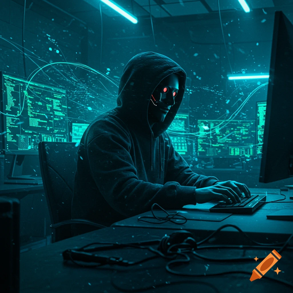 A masked hacker in a dark hoodie with glowing red eyes types on a keyboard, surrounded by multiple computer monitors displaying green code in a dark, futuristic room.