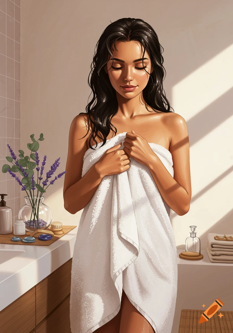 An illustrated woman in a white towel stands in a sunlit bathroom with lavender and bath items.