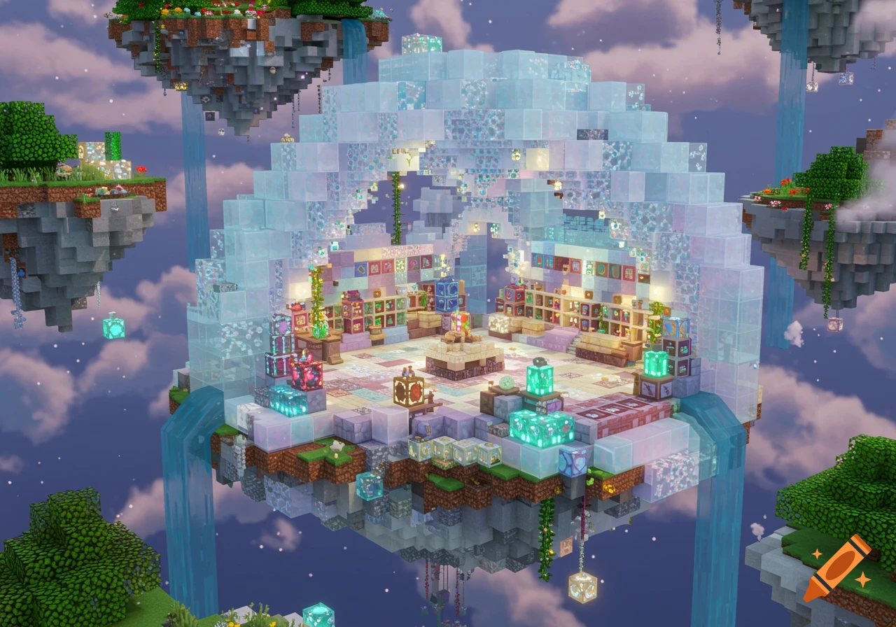 A large, ornate Minecraft enchantment shop made of blue and pink glass blocks, floating in a sky with other islands.