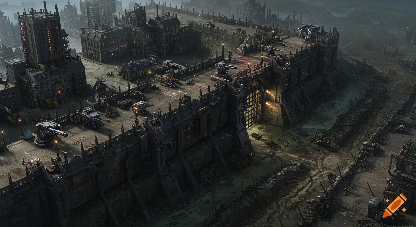 An aerial view of a grim, futuristic cityscape with a massive fortified wall, gun emplacements, a bridge over a moat, and muddy trenches.