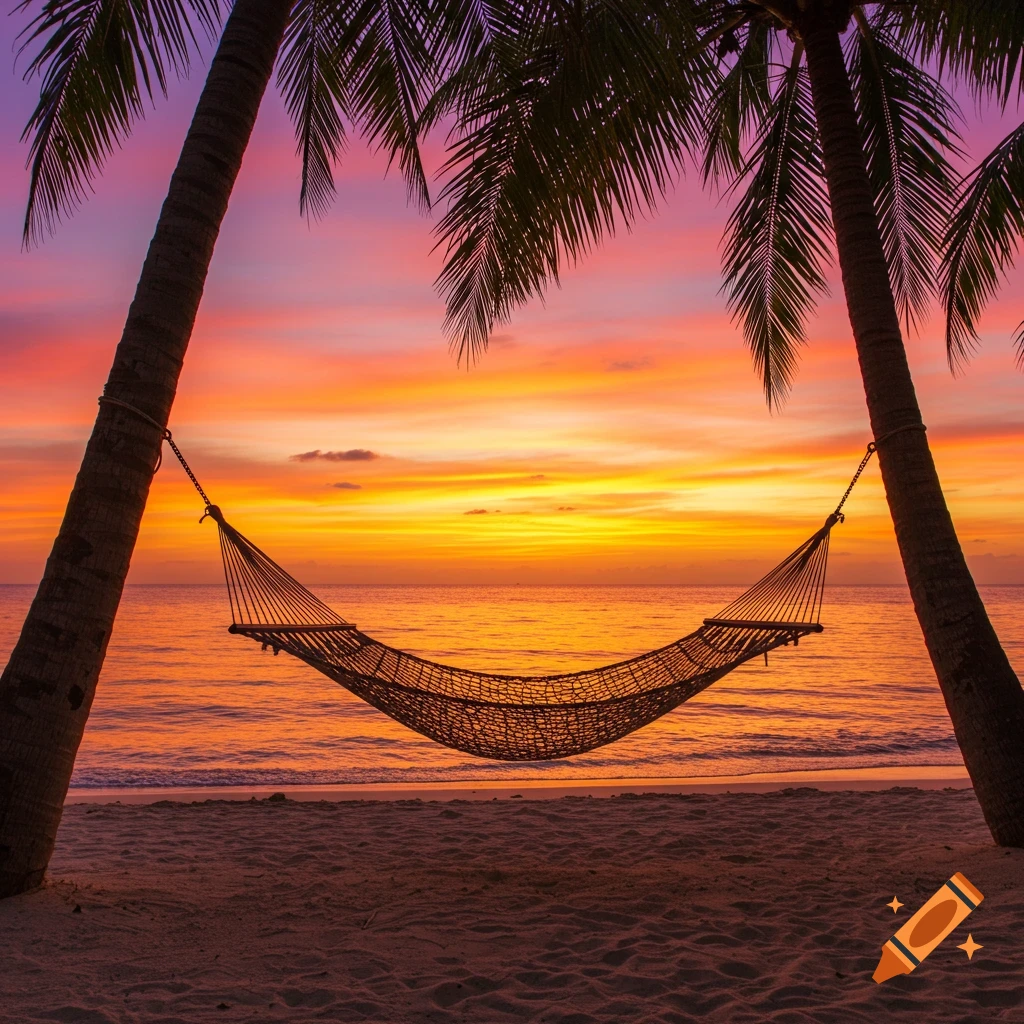 A woven hammock sways gently between two palm trees on a sandy beach at sunset, with vibrant orange and purple hues in the sky and ocean.