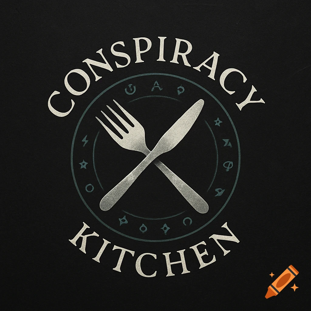 A dark logo featuring a crossed fork and knife inside a circle. The words 'CONSPIRACY' are above and 'KITCHEN' are below.