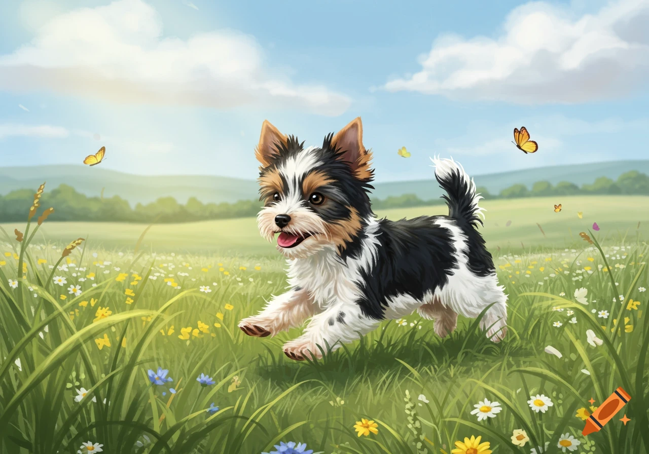 An adorable Parti Yorkie puppy runs happily through a sunny field filled with wildflowers and butterflies.