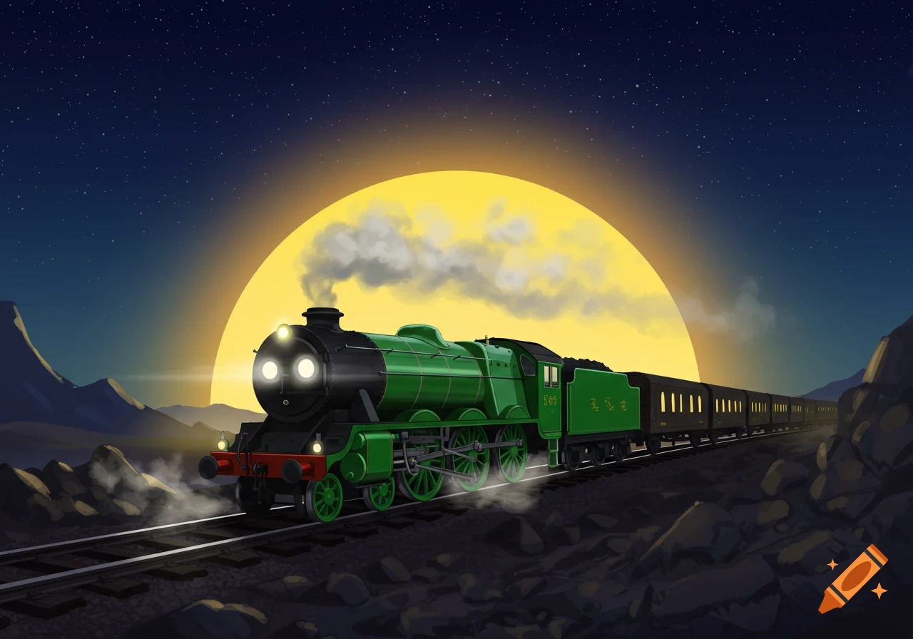 A bright green locomotive with glowing headlights drives on tracks at night, with a large yellow moon or sun rising behind it over dark mountains.