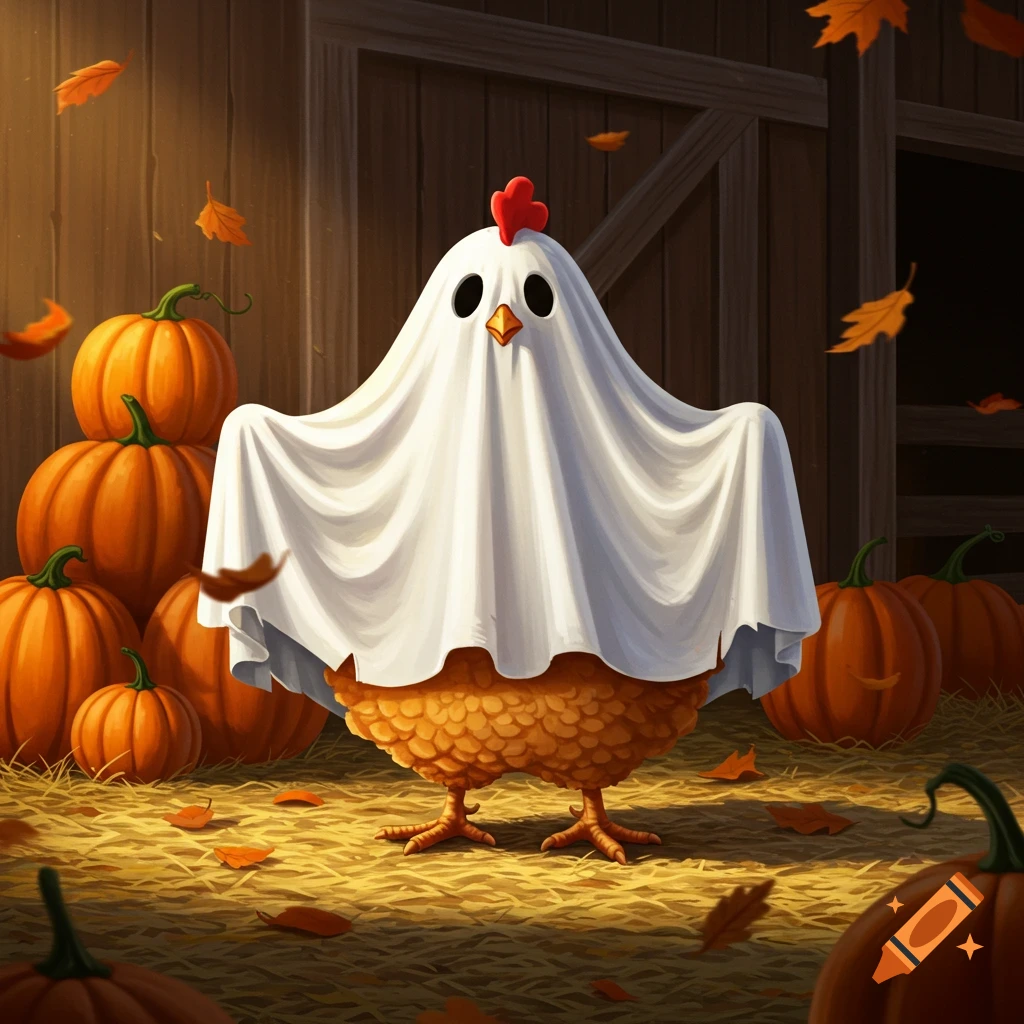 A cartoon chicken wearing a white ghost costume stands in a barn surrounded by pumpkins and fall leaves.