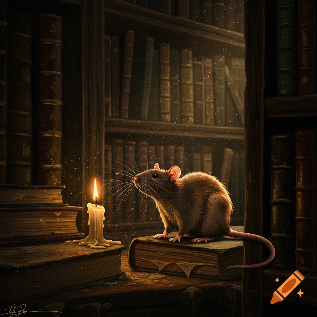A brown rat sits on a stack of old books, next to a lit candle, in a dimly lit, dusty library filled with bookshelves.