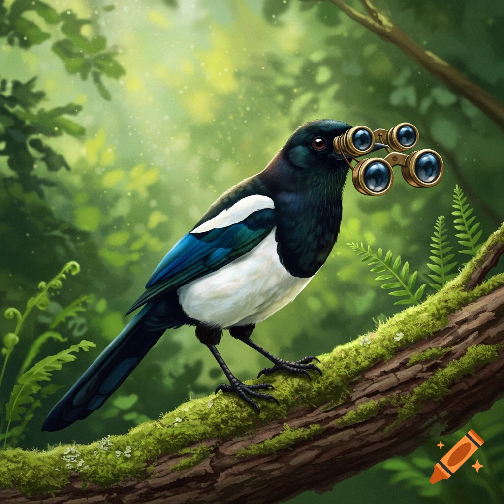 A magpie bird with black, white, and blue plumage perches on a mossy branch in a vibrant green forest, holding a pair of brass binoculars to its eyes.