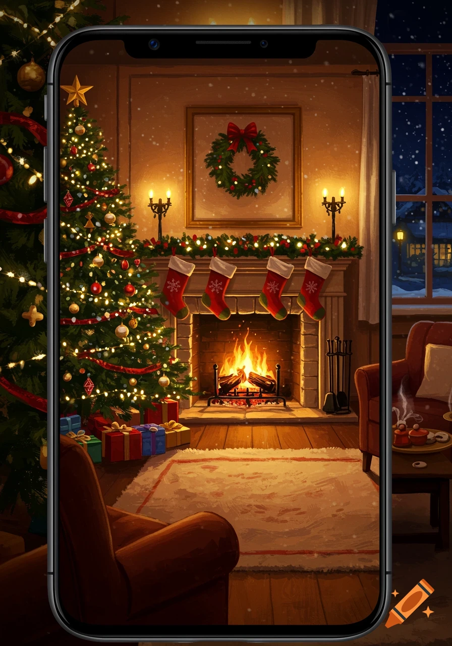 A cozy Christmas interior on a phone screen, featuring a lit fireplace, decorated tree, stockings, gifts, and an armchair. Snow falls outside.