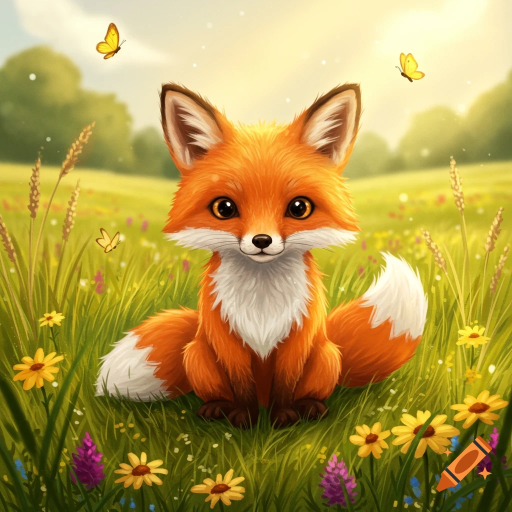 A cute, stylized orange fox with large eyes sits in a vibrant green field filled with colorful wildflowers and butterflies.