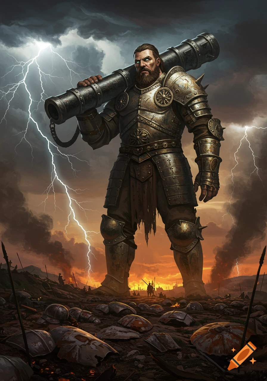 A giant man in battle armor holds a huge cannon on his shoulder, standing on a battlefield under a stormy, lightning-filled sky.