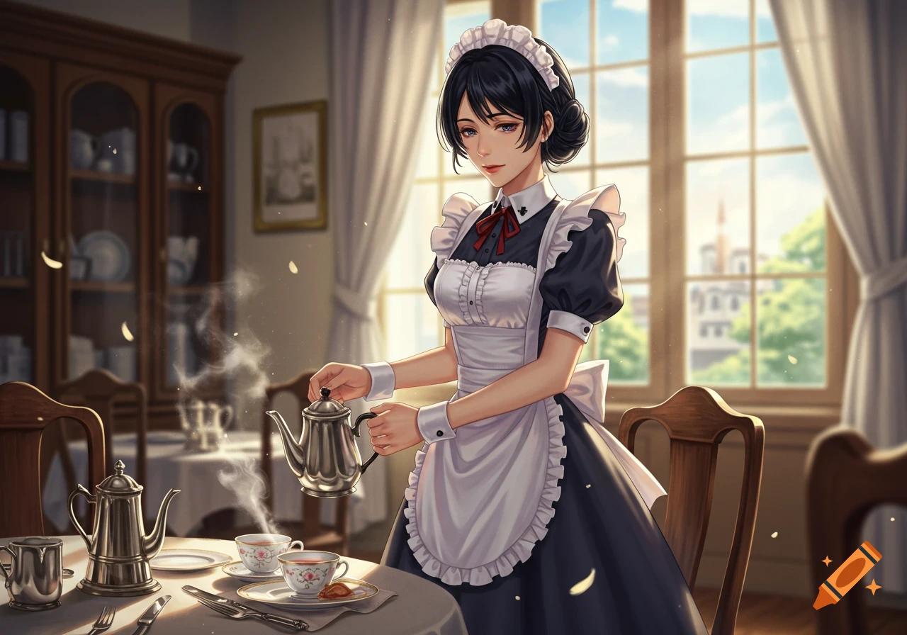 Anime maid in a black and white uniform pours tea in a sunny, elegant room.