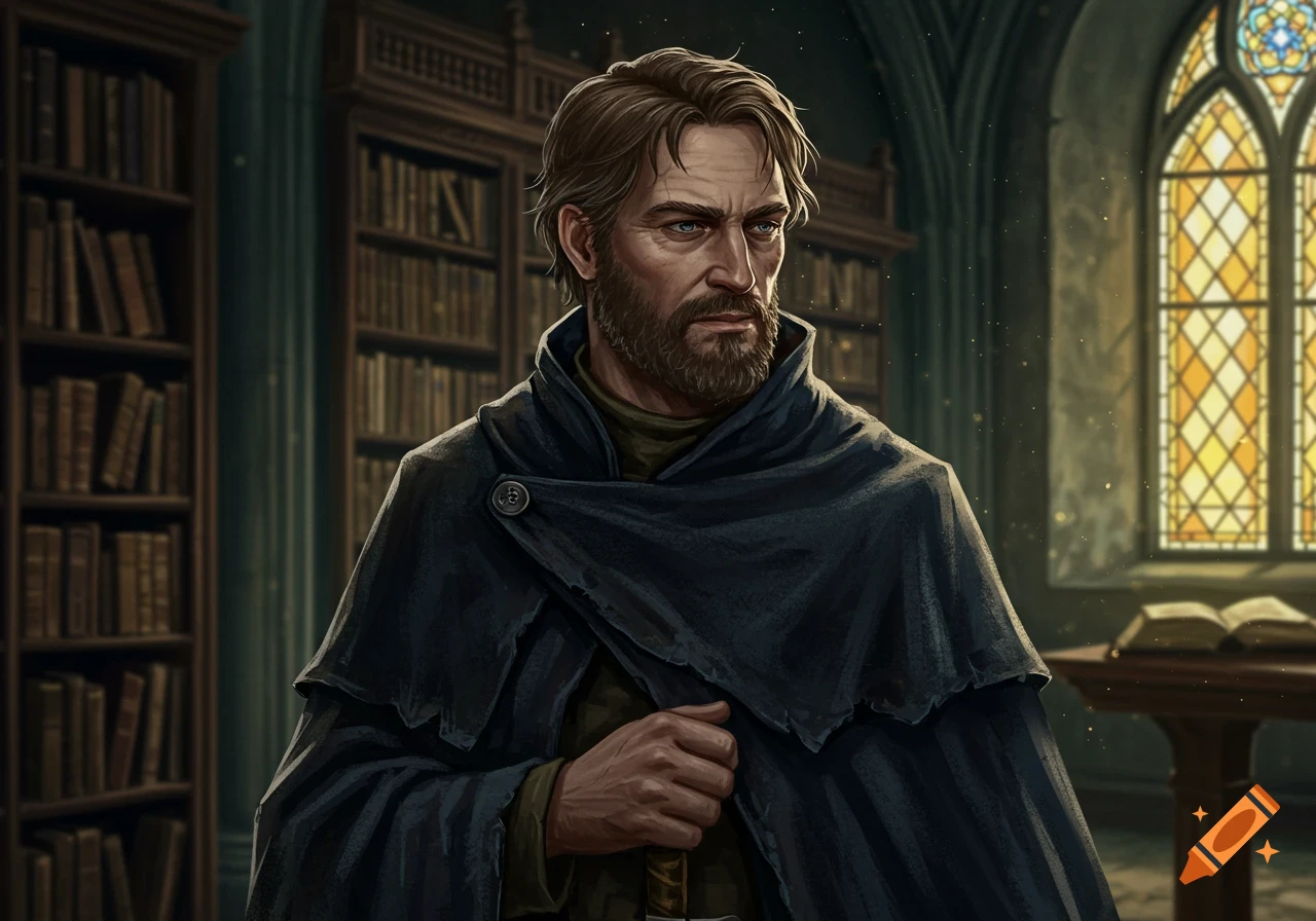A bearded man in a dark cloak stands in a detailed library with bookshelves and a stained glass window, looking off to the side.