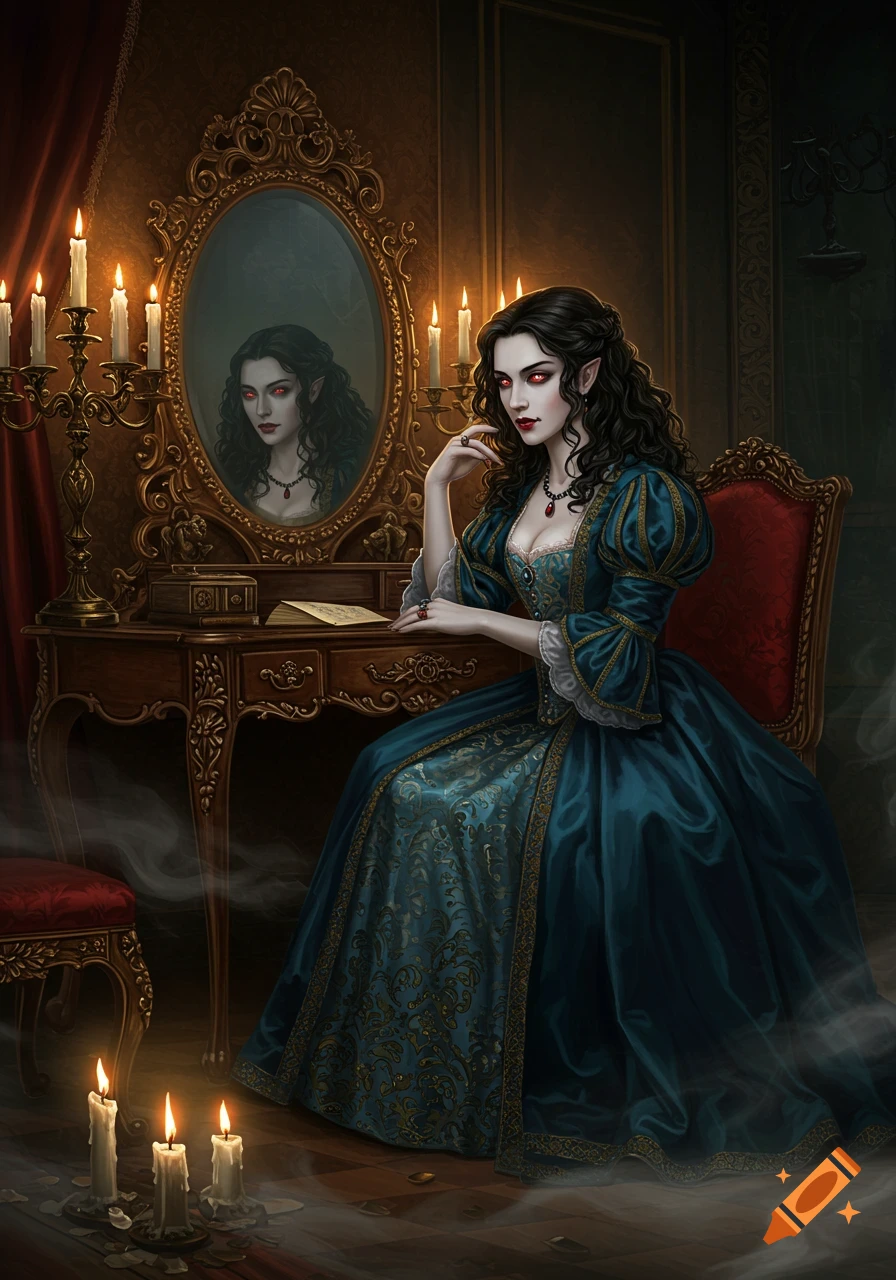 A dark fantasy painting of a pale vampire woman with red eyes and long dark hair, wearing an elegant teal Renaissance gown, sitting at a vanity table with her reflection visible in the mirror.