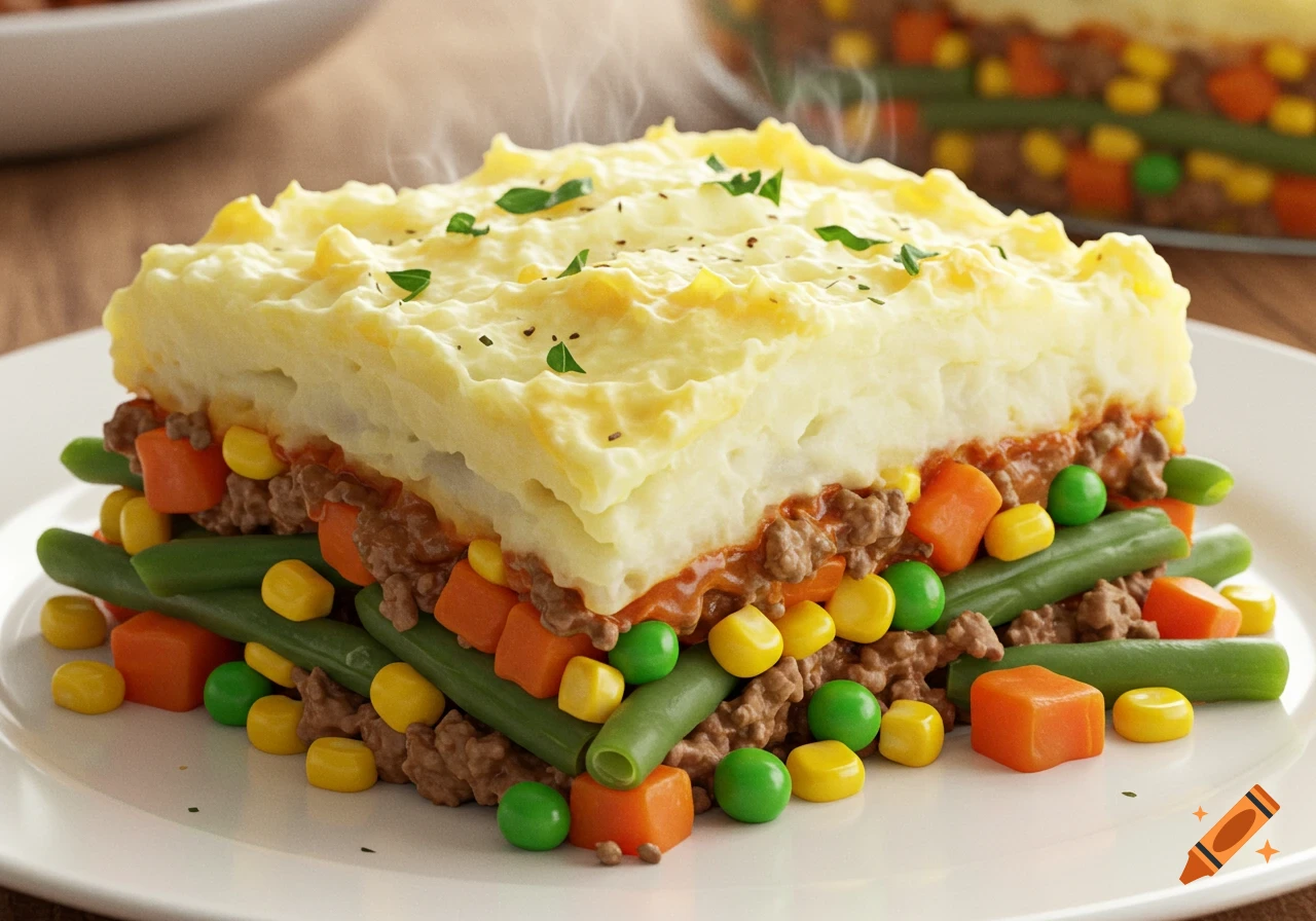 A close-up, photorealistic view of a steaming shepherd's pie slice, layered with mashed potatoes, ground meat, green beans, carrots, corn, and peas.