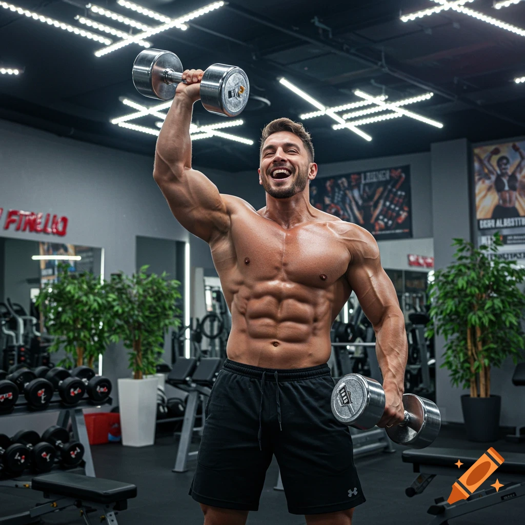 A happy, muscular man lifts dumbbells overhead in a well-lit gym.